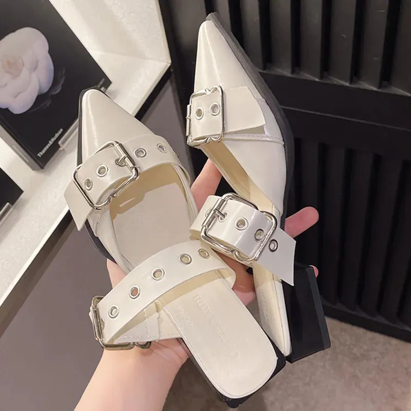 Sohiwoo Punk Gothic Metal Buckle Low Heels Sandals Women New Pointed Toe Thick Heeled Summer Slippers Woman Platform Muller Shoes
