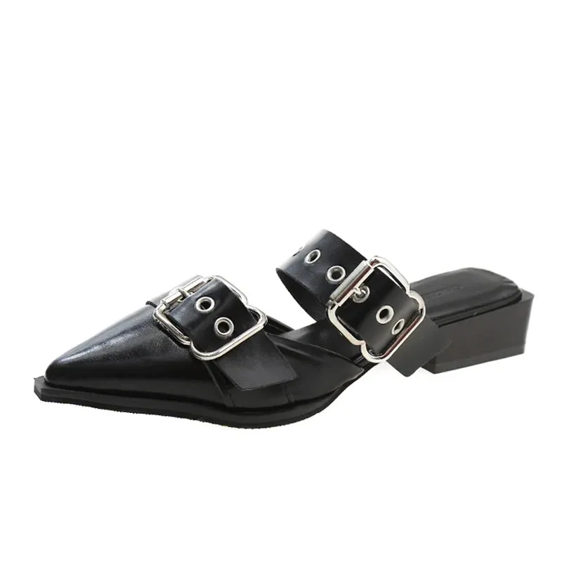 Sohiwoo Punk Gothic Metal Buckle Low Heels Sandals Women New Pointed Toe Thick Heeled Summer Slippers Woman Platform Muller Shoes