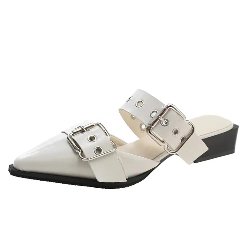 Sohiwoo Punk Gothic Metal Buckle Low Heels Sandals Women New Pointed Toe Thick Heeled Summer Slippers Woman Platform Muller Shoes