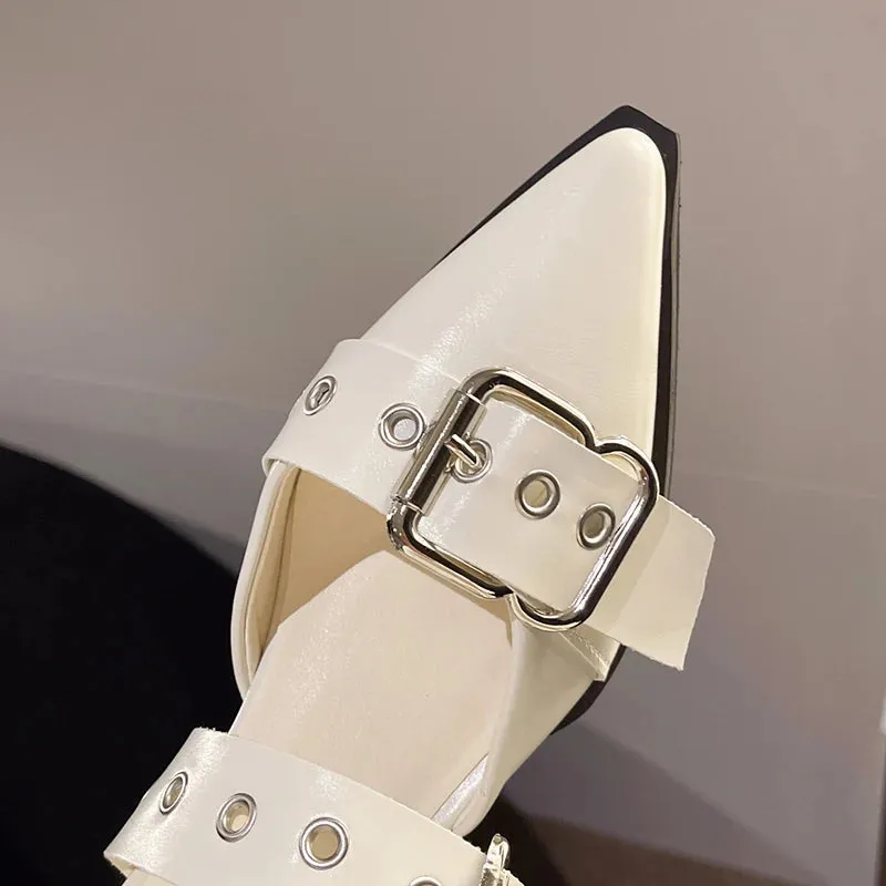 Sohiwoo Punk Gothic Metal Buckle Low Heels Sandals Women New Pointed Toe Thick Heeled Summer Slippers Woman Platform Muller Shoes