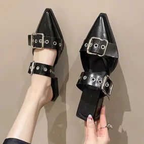 Sohiwoo Punk Gothic Metal Buckle Low Heels Sandals Women New Pointed Toe Thick Heeled Summer Slippers Woman Platform Muller Shoes