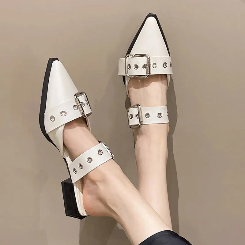 Sohiwoo Punk Gothic Metal Buckle Low Heels Sandals Women New Pointed Toe Thick Heeled Summer Slippers Woman Platform Muller Shoes