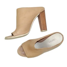 VINCE Beige Leather Wood Heel Mules