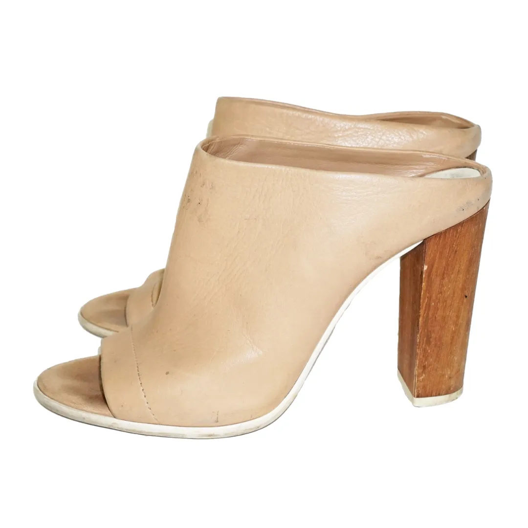 VINCE Beige Leather Wood Heel Mules