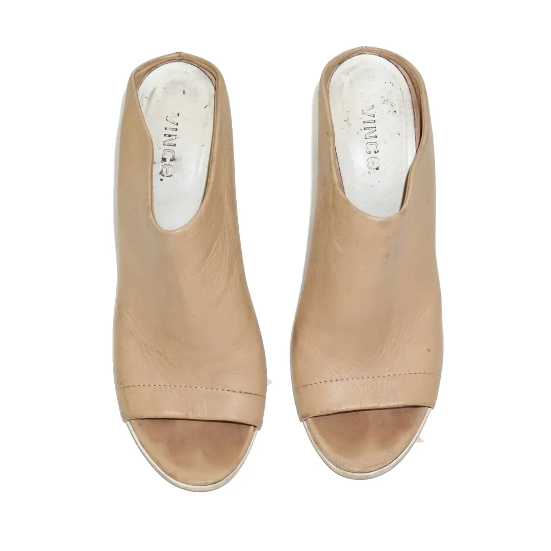VINCE Beige Leather Wood Heel Mules