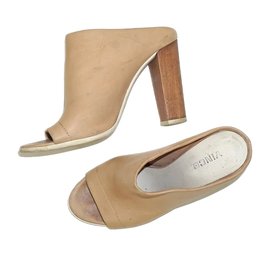 VINCE Beige Leather Wood Heel Mules