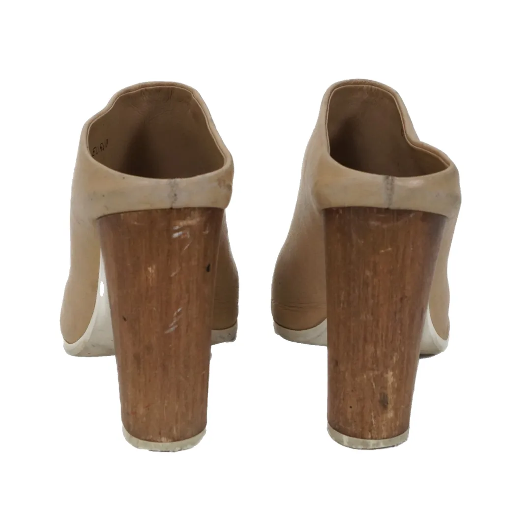 VINCE Beige Leather Wood Heel Mules