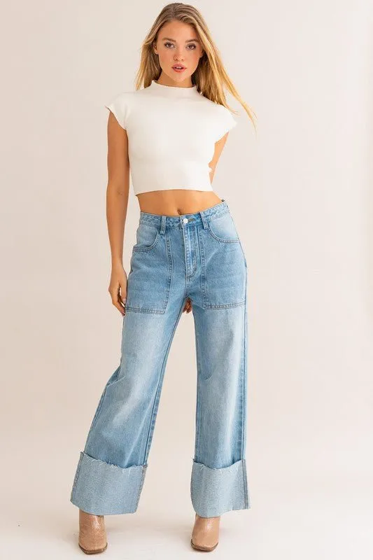 Wide Leg Cuffed Jeans