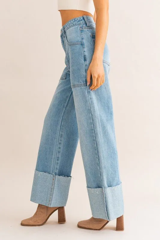 Wide Leg Cuffed Jeans