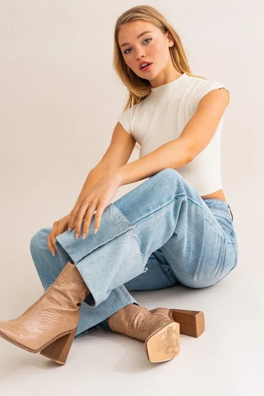 Wide Leg Cuffed Jeans