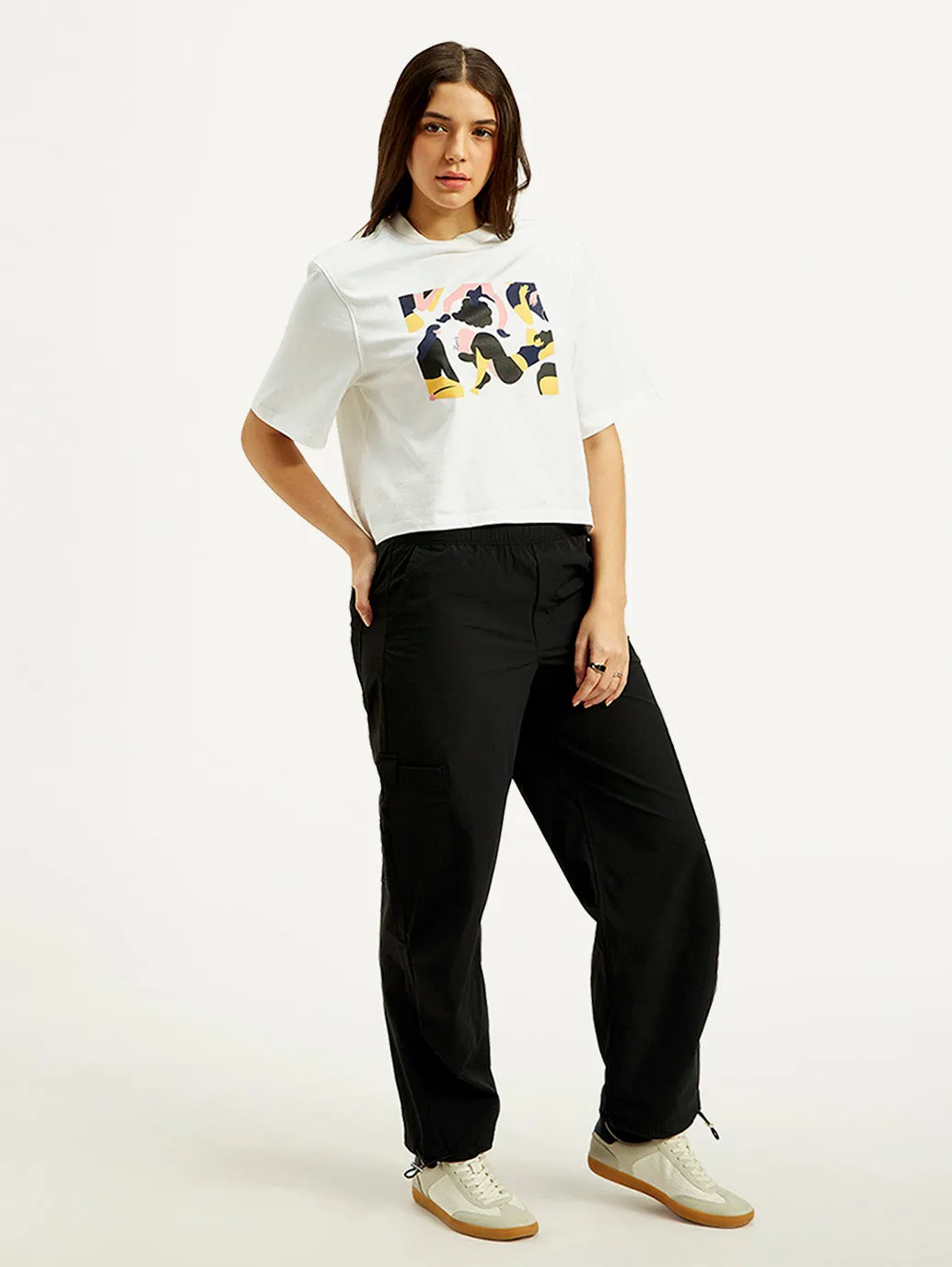 Women's Mid Rise Black Loose Fit Cargo Trousers