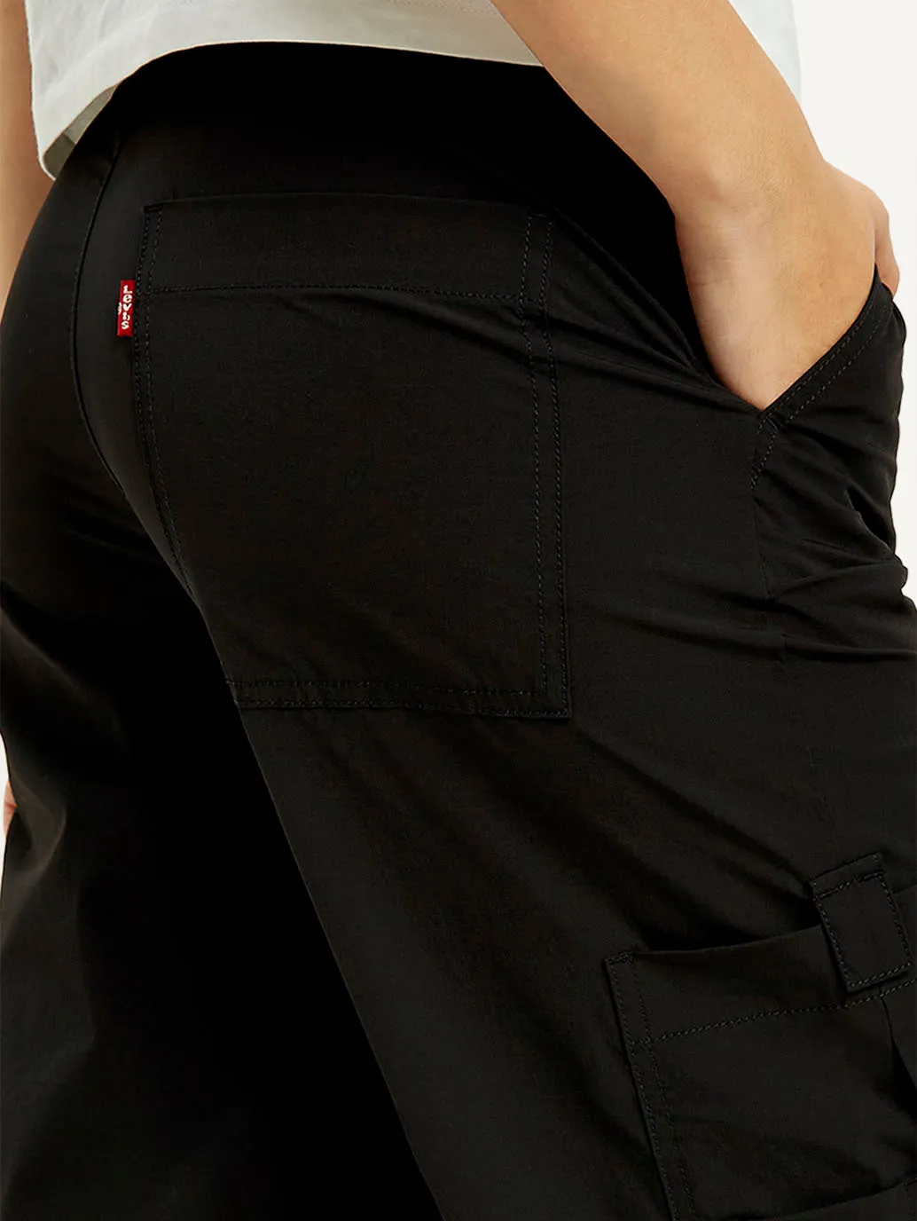 Women's Mid Rise Black Loose Fit Cargo Trousers