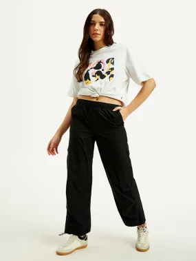 Women's Mid Rise Black Loose Fit Cargo Trousers