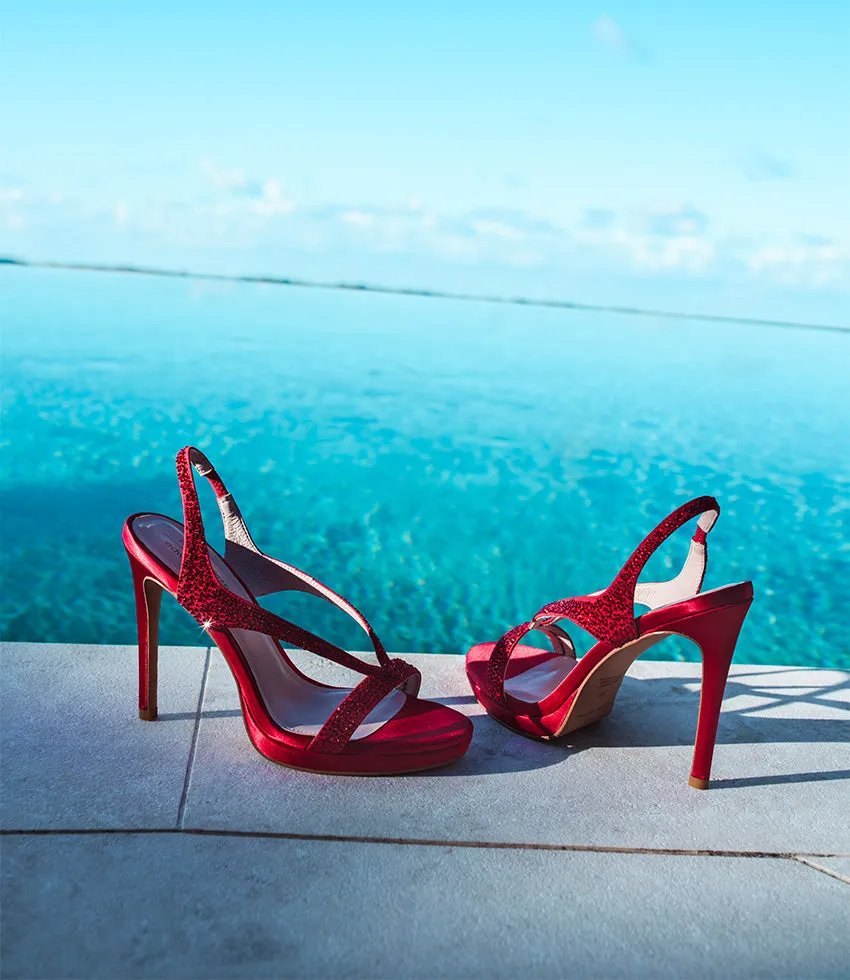 WONDER110 Jewelled Platform Sandal in Red Satin